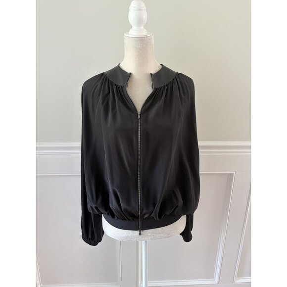 Sonia Speciale Black Silk Bomber Jacket with Lamb Leather Trim 40 S 4 - Picture 1 of 6